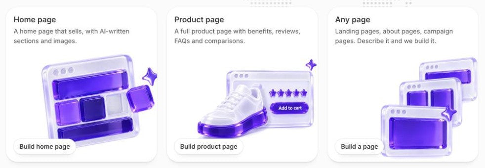AI Pages start screen in Shopify admin with home page, product page and any page builders