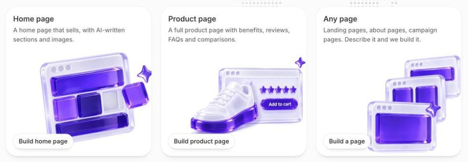 The AI Pages start screen with home page, product page and any page builders