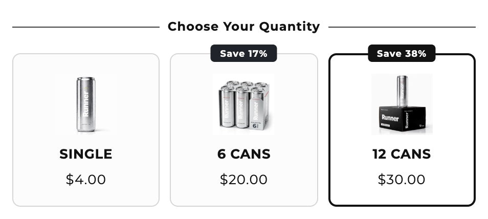 Section Store quantity break block with three tiers: single can $4, 6 cans $20 and 12 cans $30